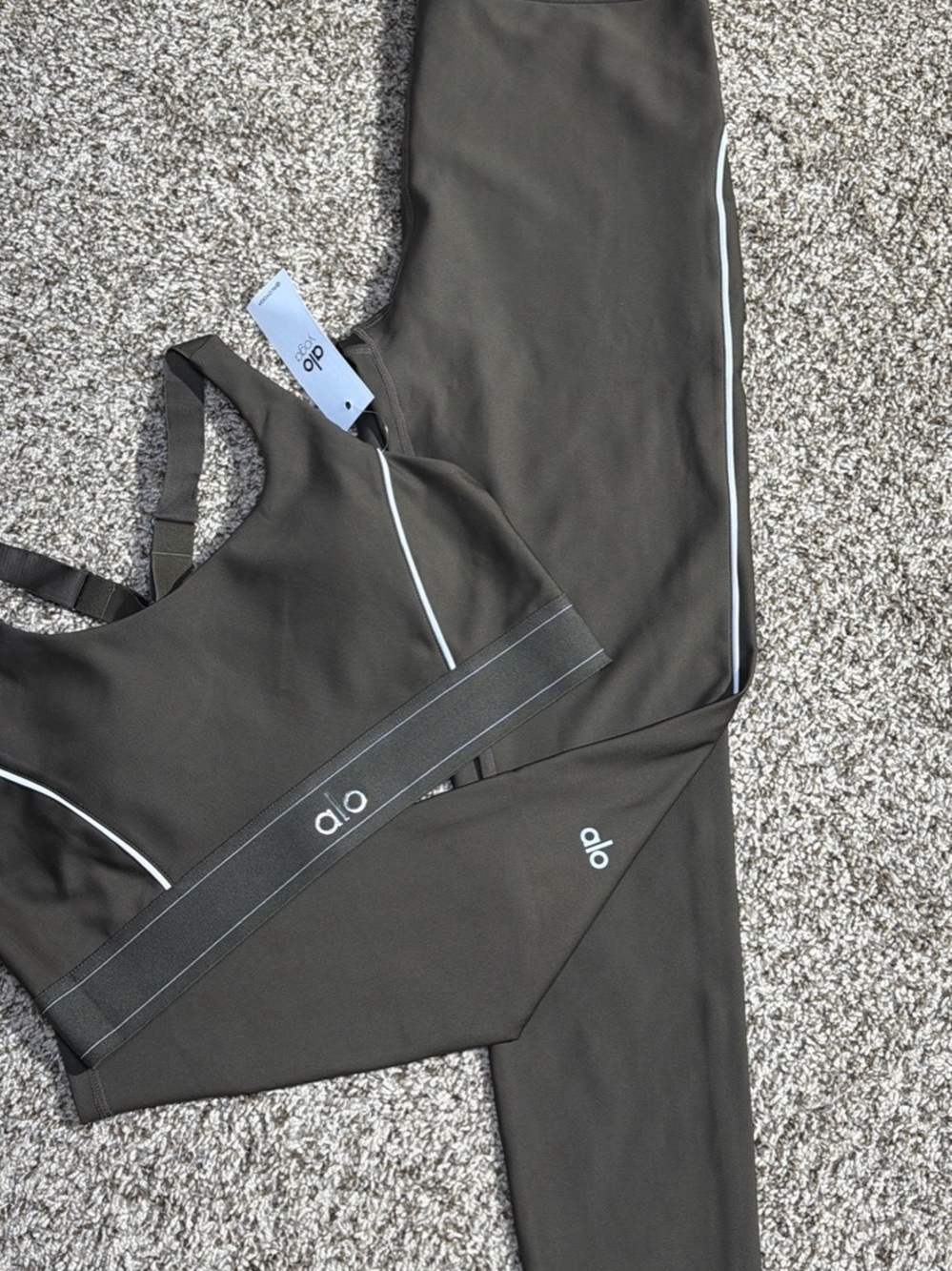 ALO Yoga Kids Olive Swim Top & Bottom Set with White Piping - Picture 2 of 2